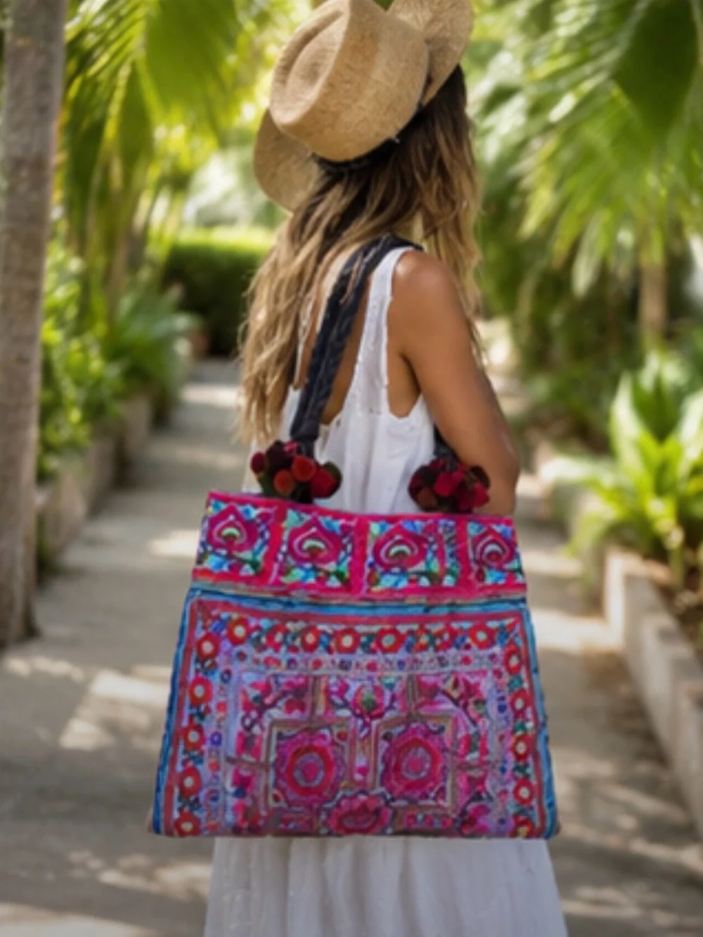 Expressions NYC Boho Embroidered Pom Pom Tote Bag